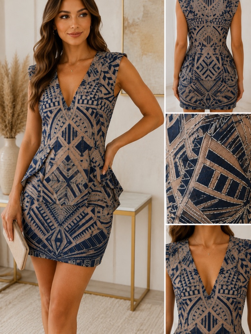 BCBGMAXAZRIA Beige Blue Geometric Mesh Peplum Dress Sleeveless‎ Size 6